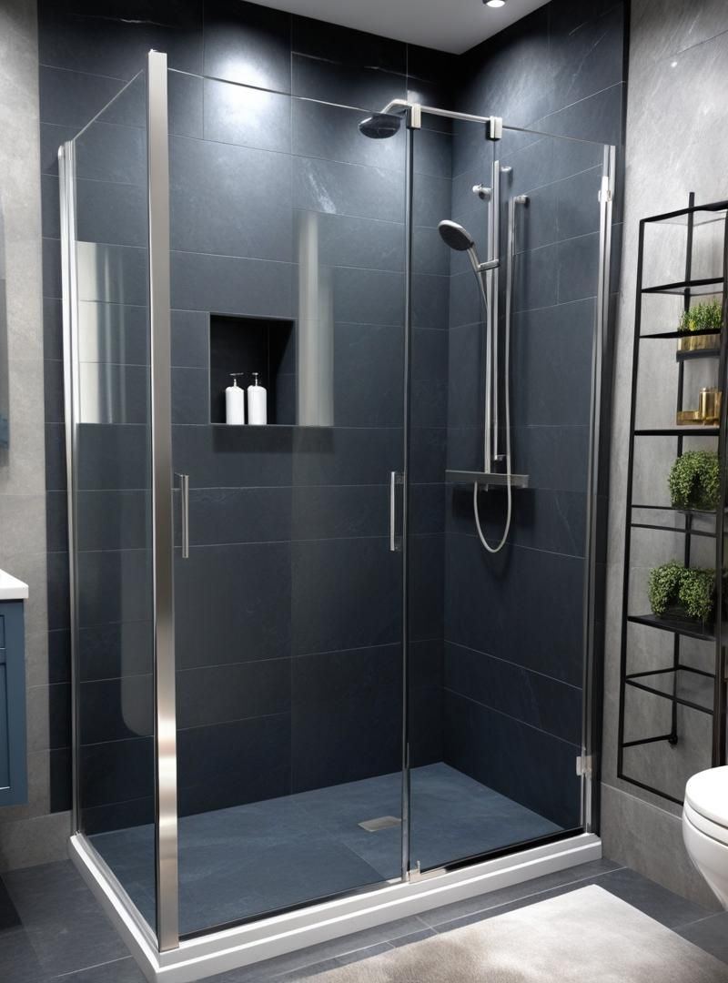 Mampara de ducha de cristal con perfilería negra instalada en un baño
